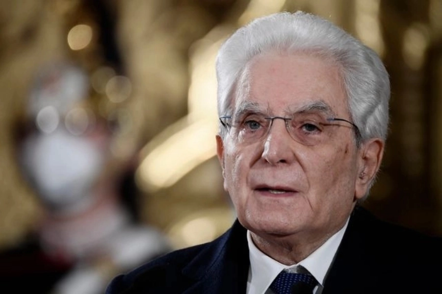 Italian President Sergio Mattarella addresses the media following a meeting with the speaker of the Italian lower house of parliament Roberto Fico, who was mediating to find an agreement for a new government at the Quirinale presidential palace, in Rome, Tuesday, Feb. 2, 2021. (Filippo Monteforte/Pool photo via AP)