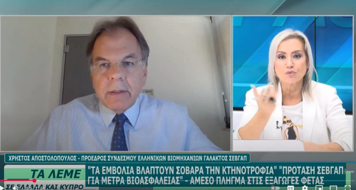 ΒΕΡΓΙΝΑ TV: Ο πρόεδρος του ΣΕΒΓΑΠ Χρ. Αποστολόπουλος προειδοποιεί για απώλεια 20% στις εξαγωγές φέτας λόγω ευλογιάς αιγοπροβάτων
