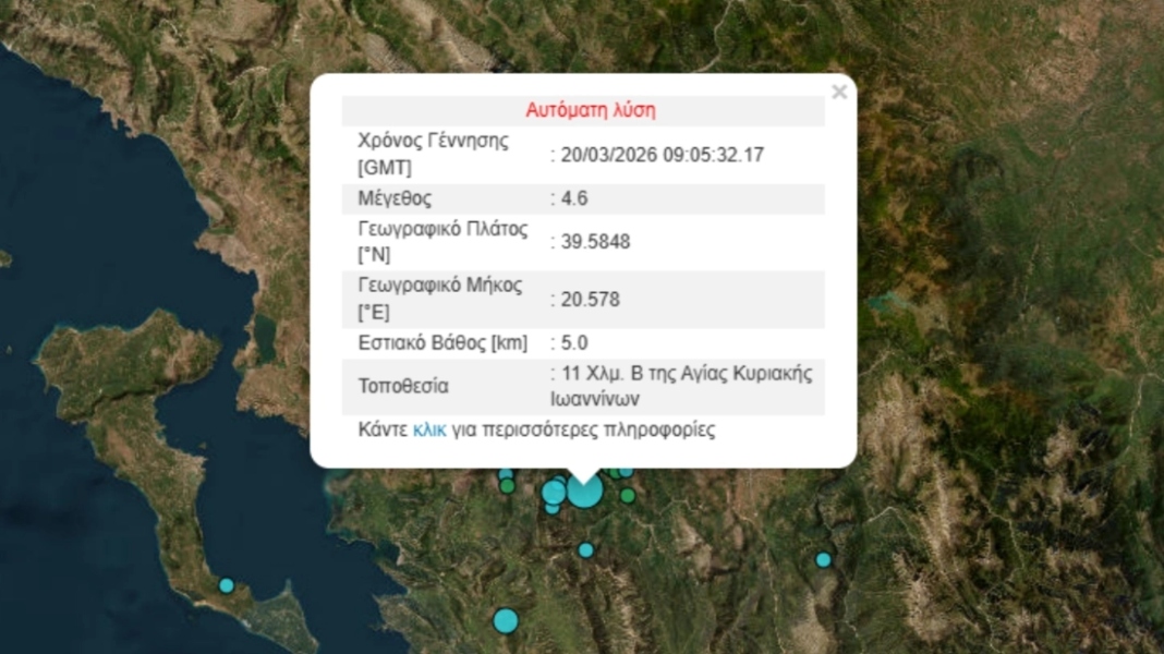 Σεισμός τώρα κοντά στα Γιάννενα